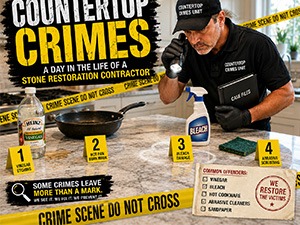 Infographic about countertop crimes: a stone-restoration contractor at a workbench with tools, crime-scene tape, and a four-step checklist.