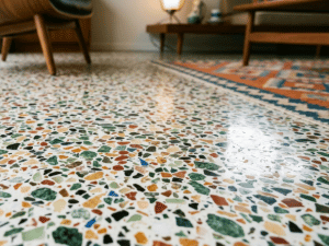 Close-up of a terrazzo floor with colorful stone chips in a living room, with sofa legs and a patterned rug visible in the background.